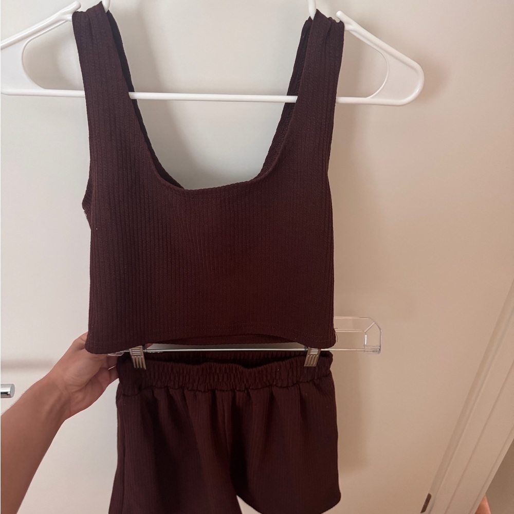 Brown Ribbed Tank and Shorts Set